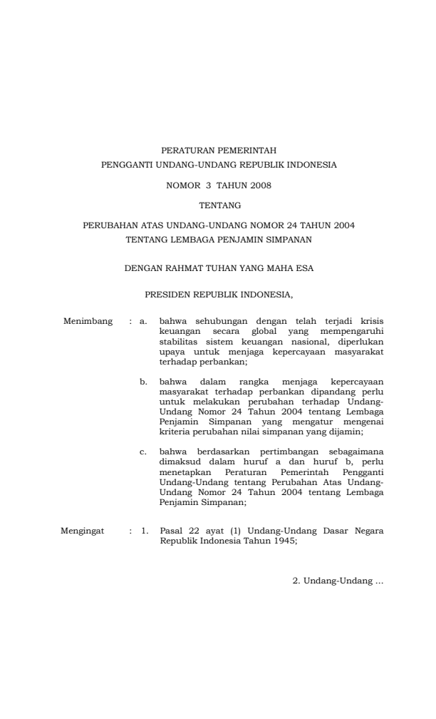 Peraturan Pemerintah Penganti Undang-undang Nomor 3 Tahun 2008