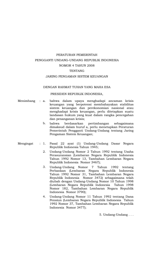 Peraturan Pemerintah Penganti Undang-undang Nomor 4 Tahun 2008