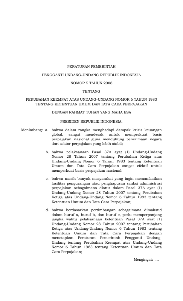 Peraturan Pemerintah Penganti Undang-undang Nomor 5 Tahun 2008