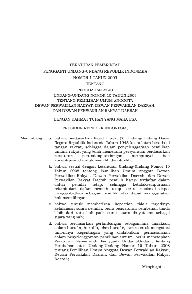 Peraturan Pemerintah Penganti Undang-undang Nomor 1 Tahun 2009