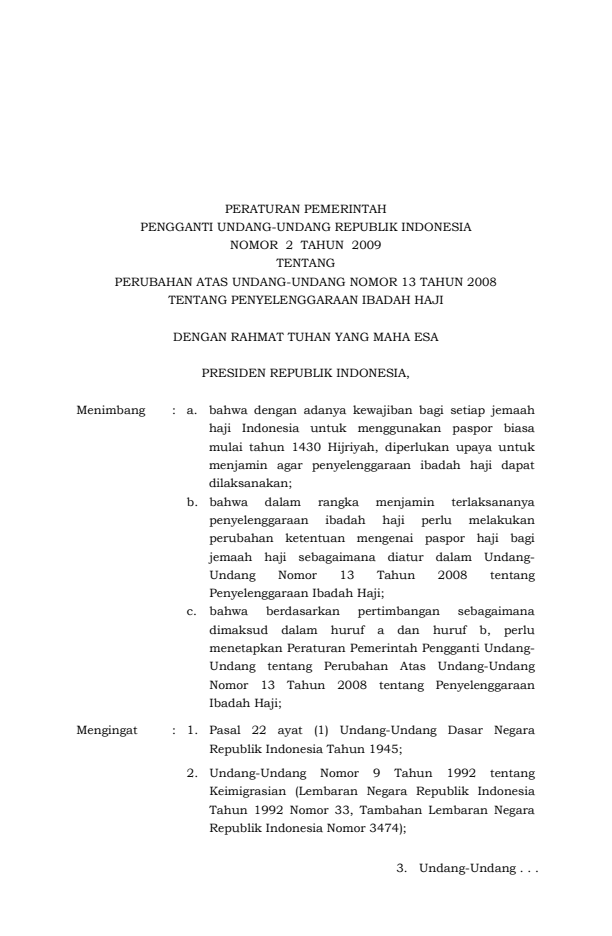 Peraturan Pemerintah Penganti Undang-undang Nomor 2 Tahun 2009