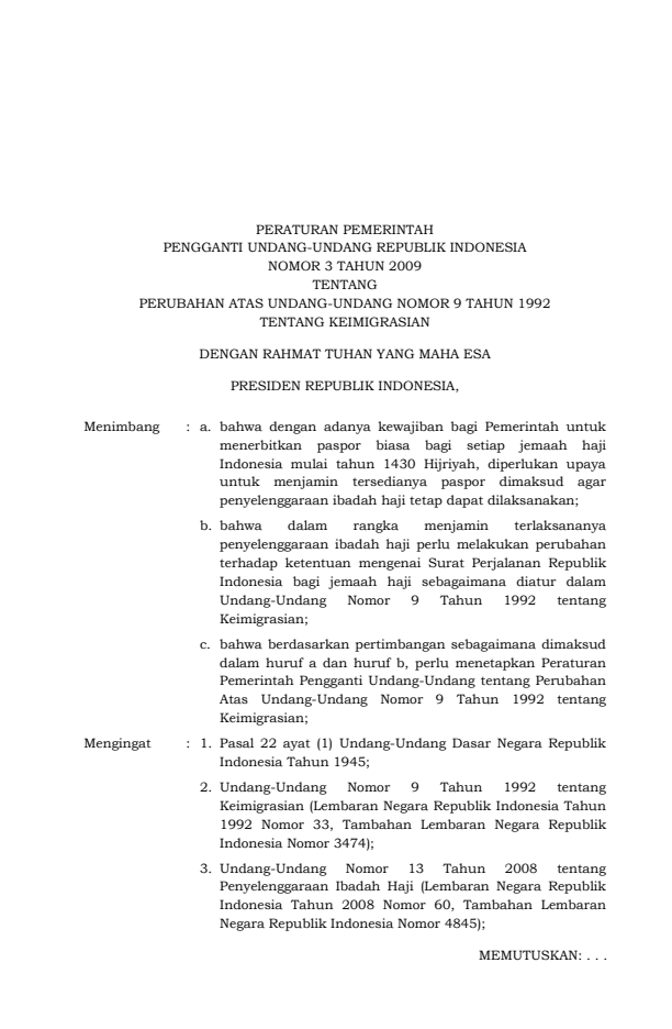 Peraturan Pemerintah Penganti Undang-undang Nomor 3 Tahun 2009