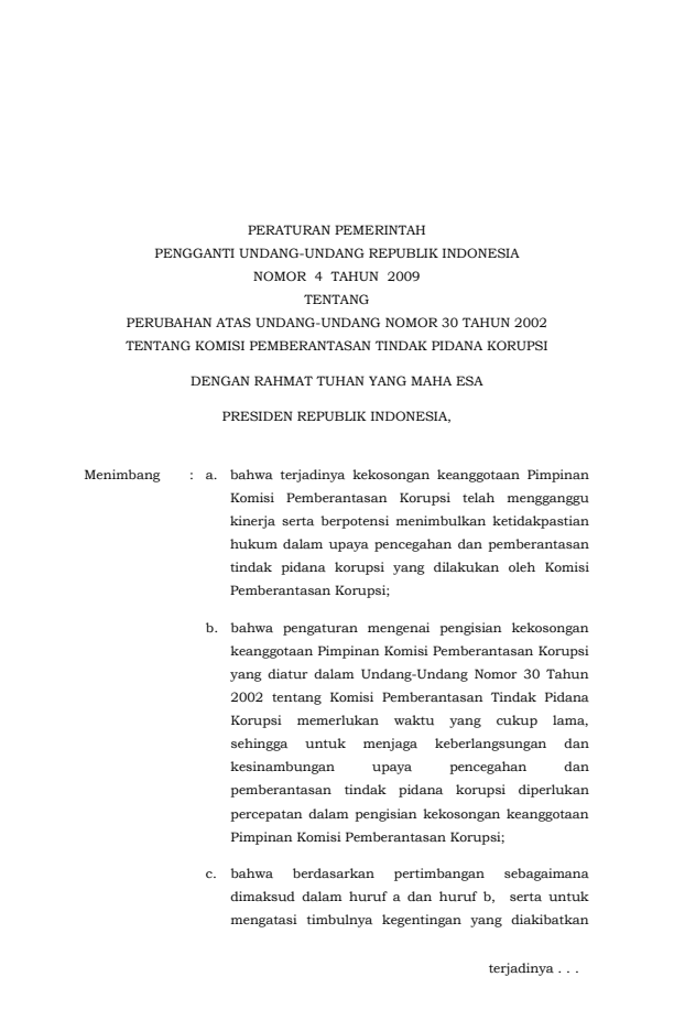 Peraturan Pemerintah Penganti Undang-undang Nomor 4 Tahun 2009