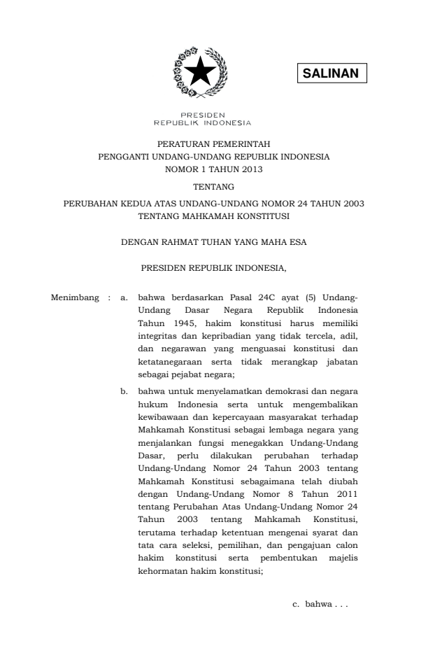 Peraturan Pemerintah Penganti Undang-undang Nomor 1 Tahun 2013