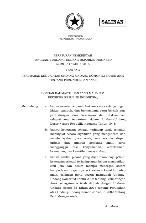 Peraturan Pemerintah Penganti Undang-undang Nomor 1 Tahun 2016