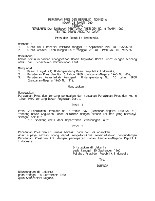 Peraturan Presiden Nomor 23 Tahun 1960