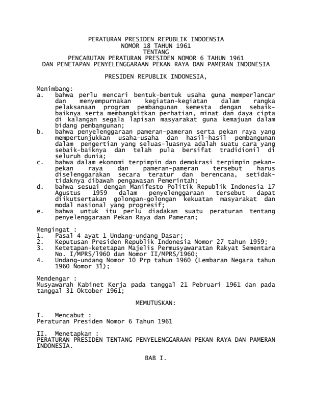 Peraturan Presiden Nomor 18 Tahun 1961