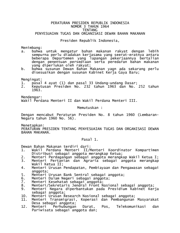 Peraturan Presiden Nomor 3 Tahun 1964