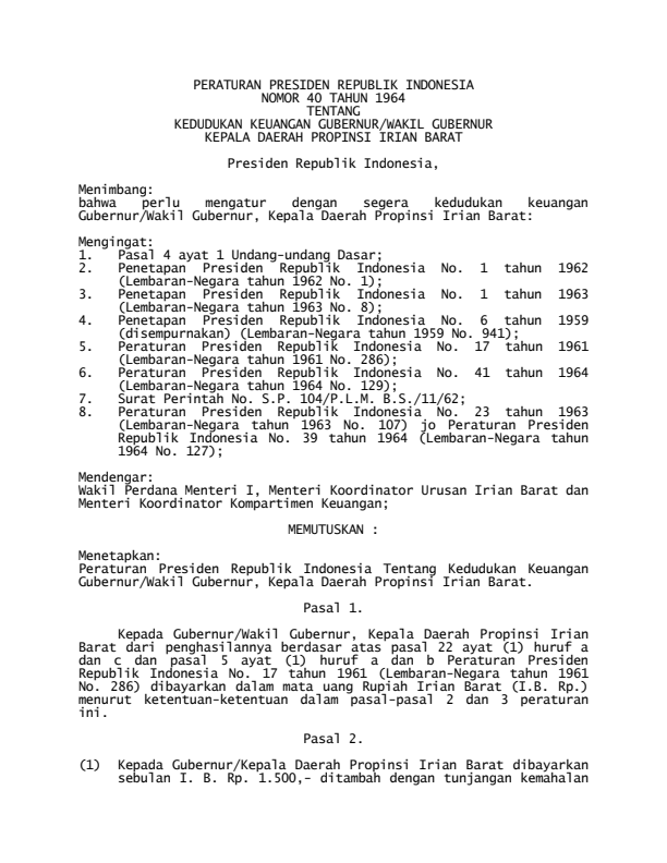 Peraturan Presiden Nomor 40 Tahun 1964