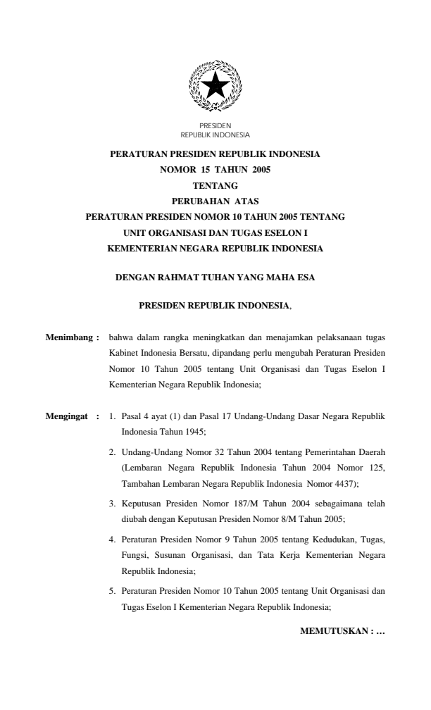 Peraturan Presiden Nomor 15 Tahun 2005