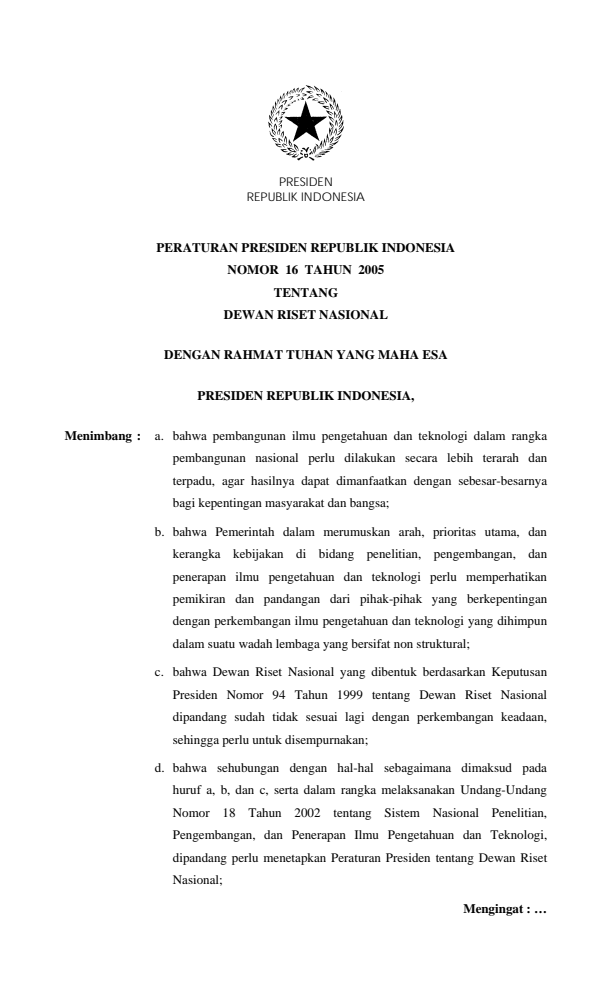 Peraturan Presiden Nomor 16 Tahun 2005