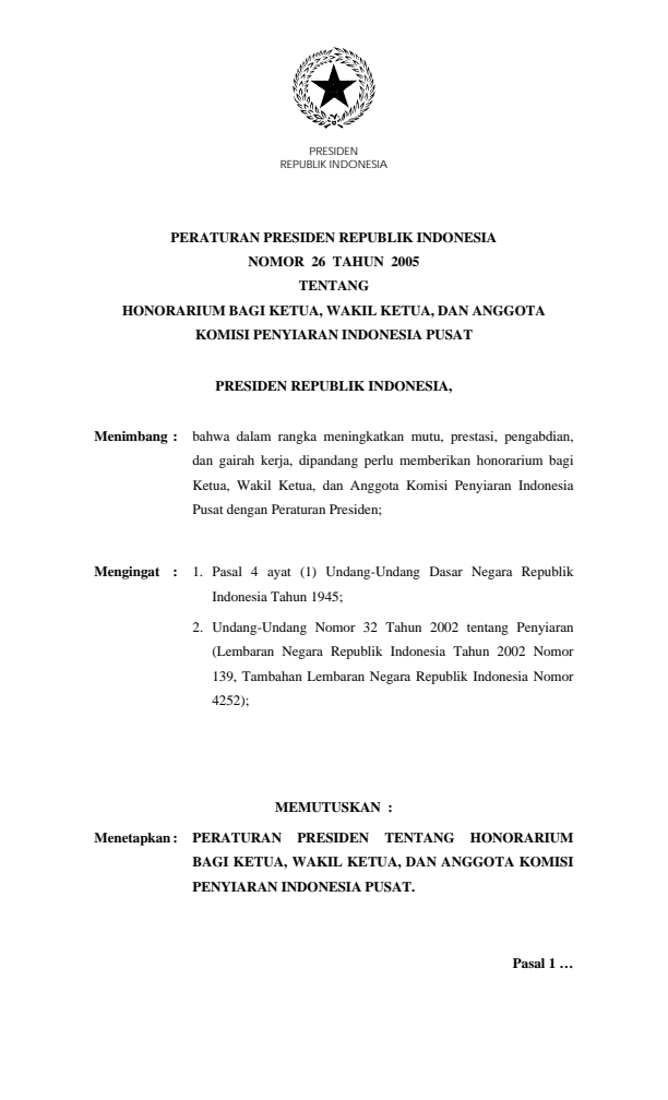 Peraturan Presiden Nomor 26 Tahun 2005