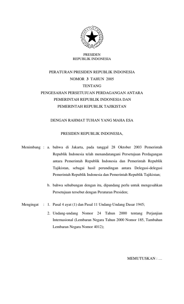 Peraturan Presiden Nomor 3 Tahun 2005