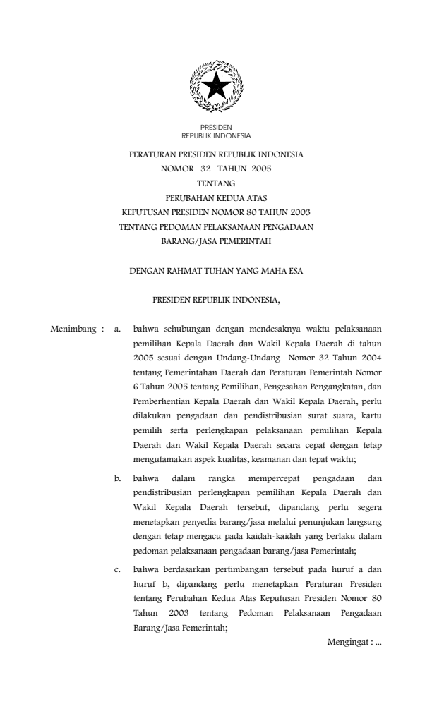 Peraturan Presiden Nomor 32 Tahun 2005