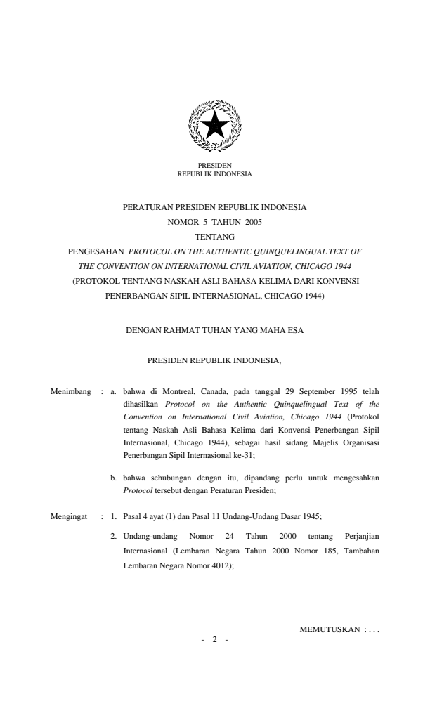 Peraturan Presiden Nomor 5 Tahun 2005