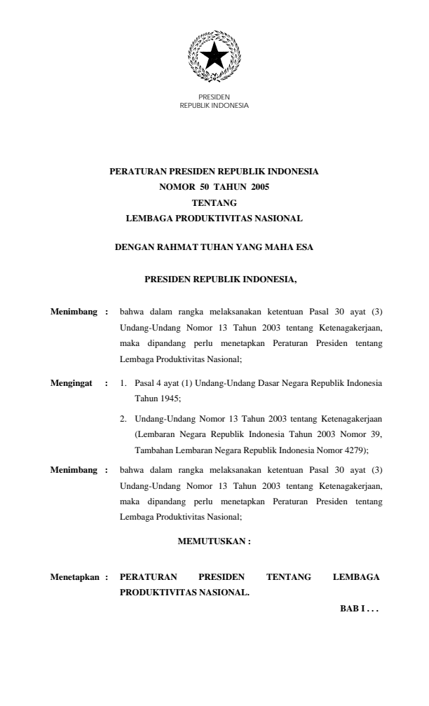 Peraturan Presiden Nomor 50 Tahun 2005