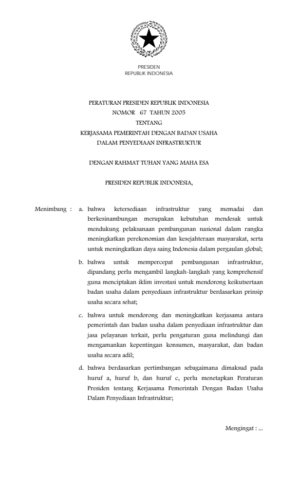 Peraturan Presiden Nomor 67 Tahun 2005