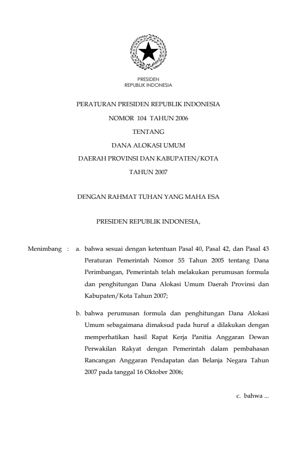 Peraturan Presiden Nomor 104 Tahun 2006