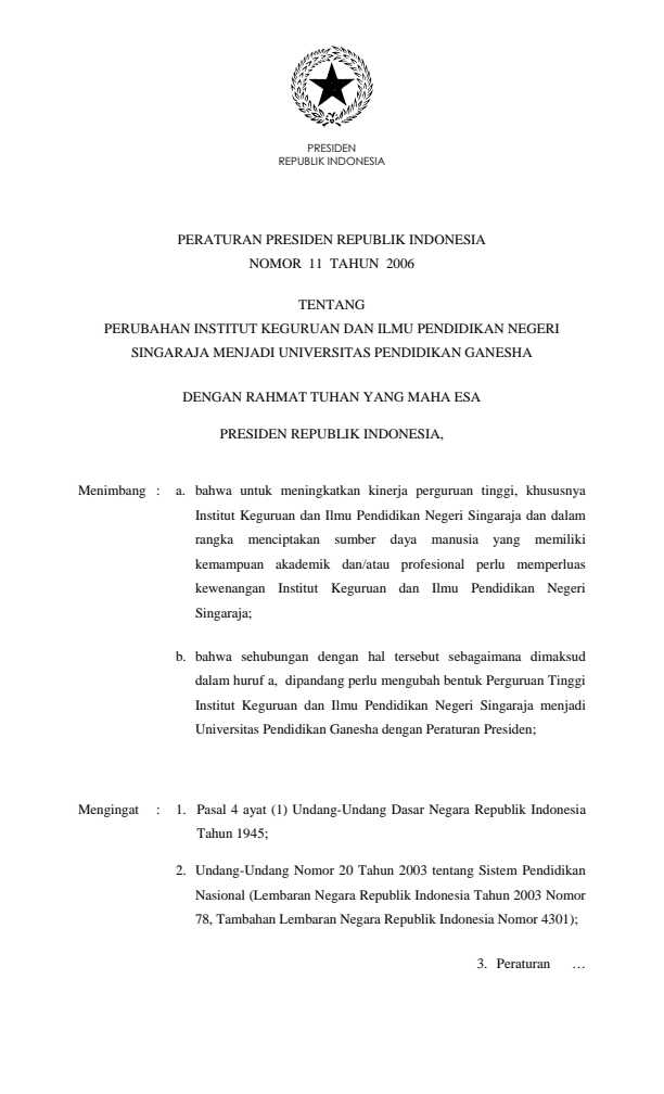 Peraturan Presiden Nomor 11 Tahun 2006