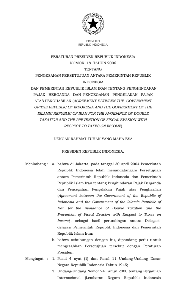 Peraturan Presiden Nomor 18 Tahun 2006