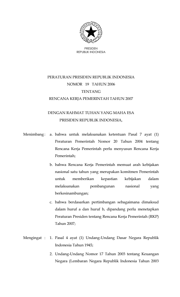 Peraturan Presiden Nomor 19 Tahun 2006