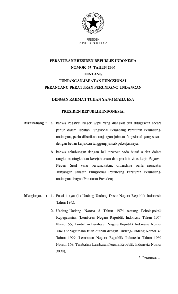 Peraturan Presiden Nomor 37 Tahun 2006