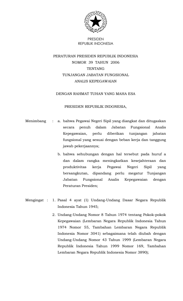 Peraturan Presiden Nomor 39 Tahun 2006