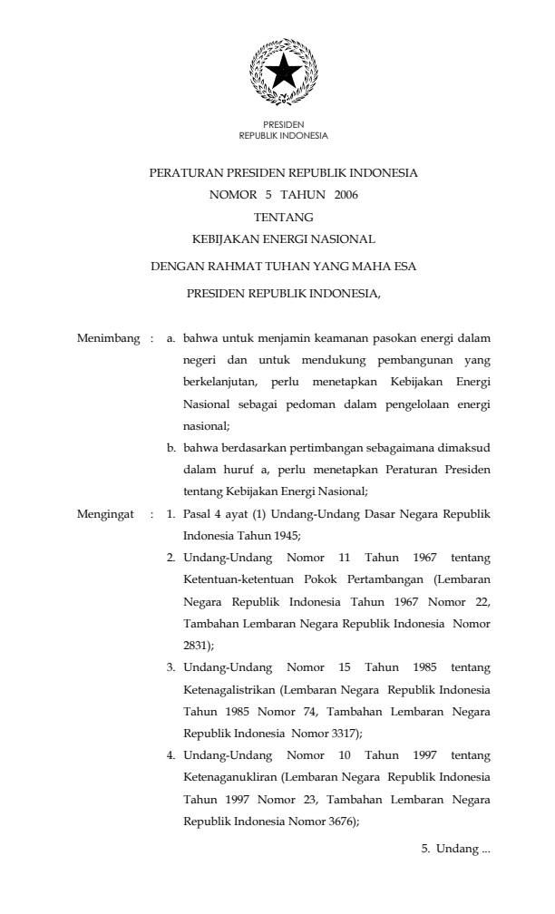 Peraturan Presiden Nomor 5 Tahun 2006