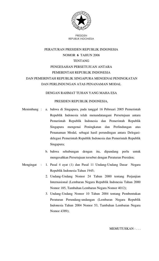 Peraturan Presiden Nomor 6 Tahun 2006