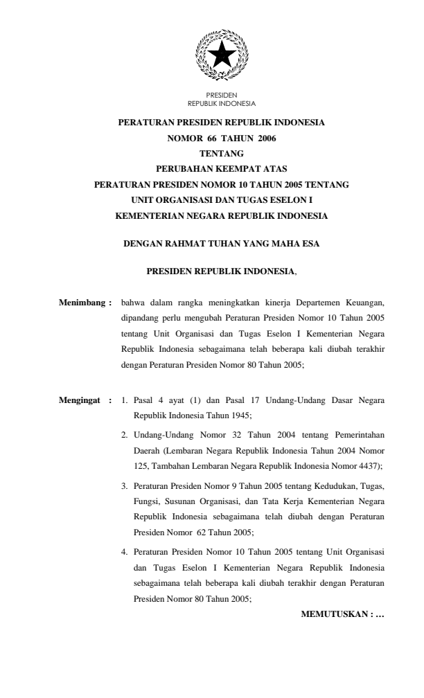 Peraturan Presiden Nomor 66 Tahun 2006