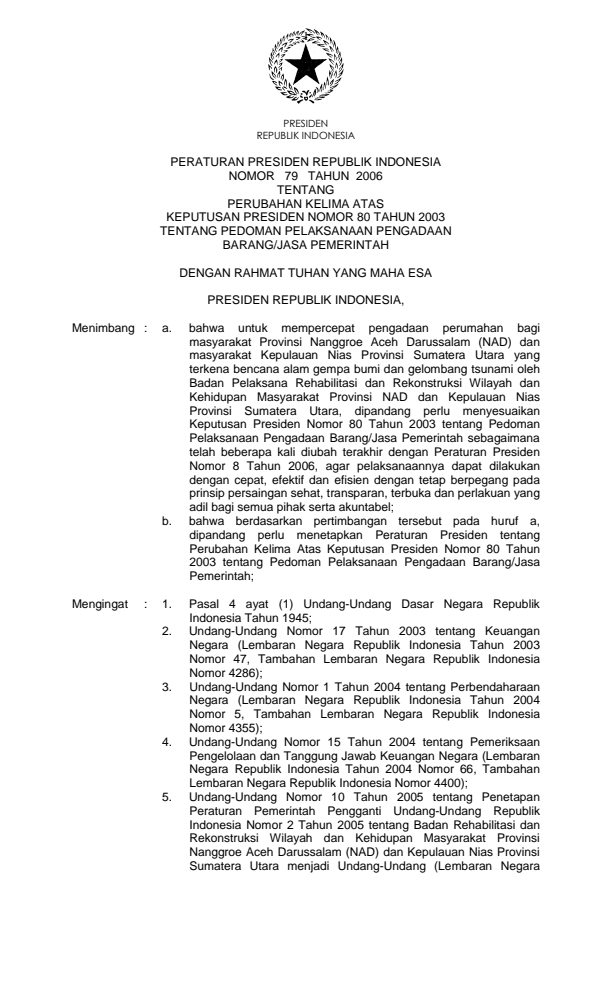 Peraturan Presiden Nomor 79 Tahun 2006