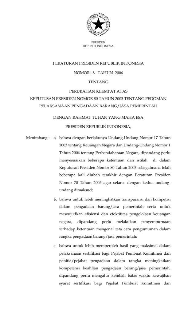Peraturan Presiden Nomor 8 Tahun 2006