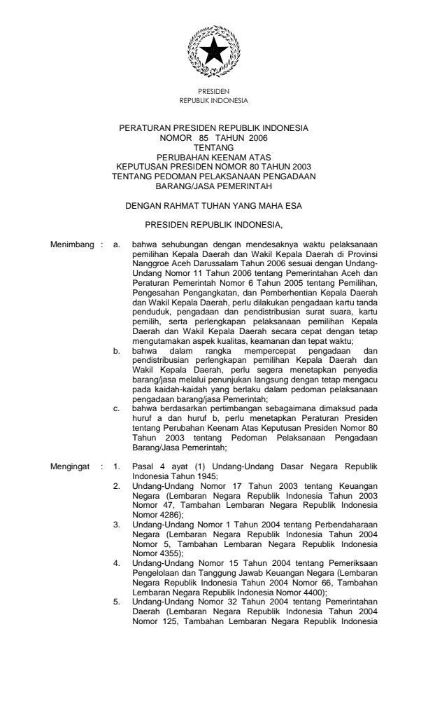 Peraturan Presiden Nomor 85 Tahun 2006