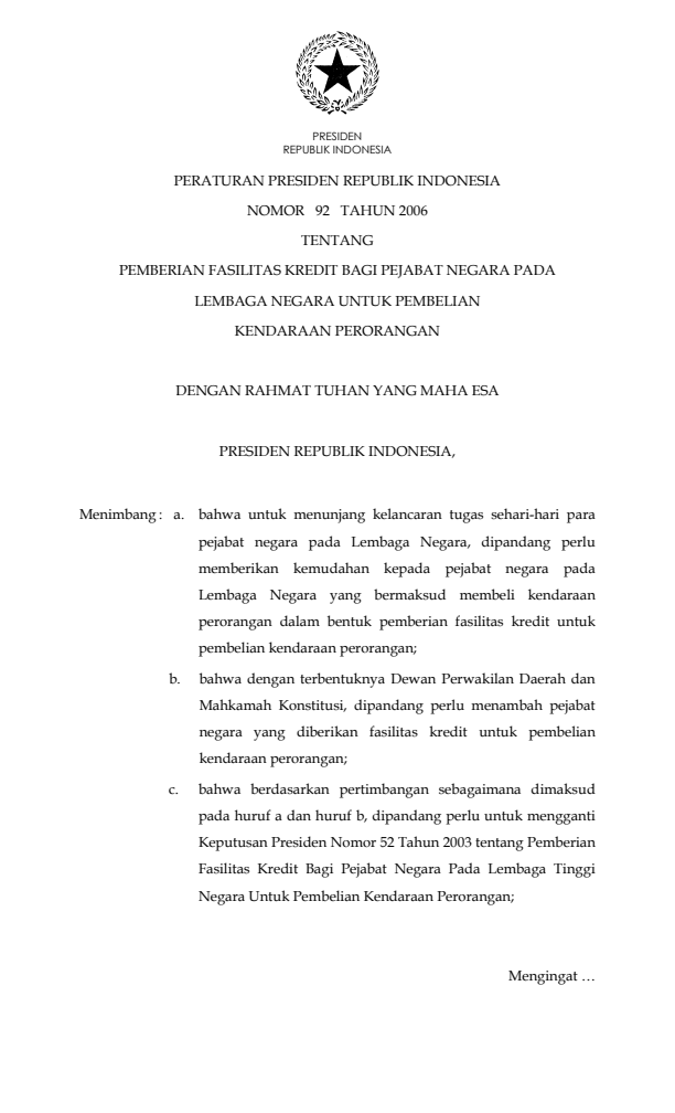 Peraturan Presiden Nomor 92 Tahun 2006