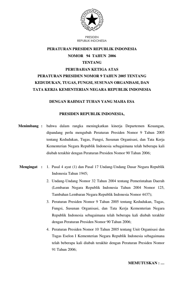 Peraturan Presiden Nomor 94 Tahun 2006
