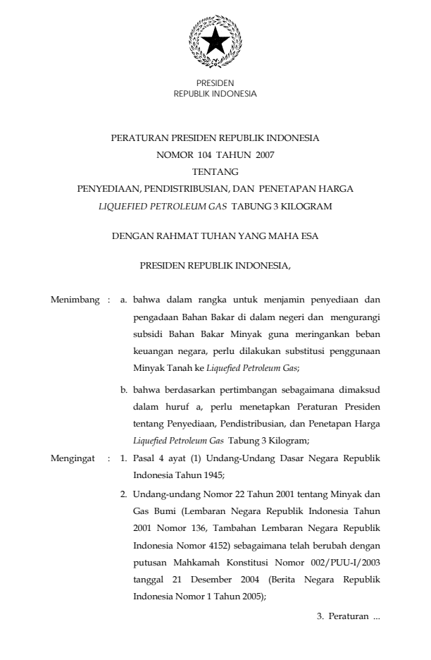 Peraturan Presiden Nomor 104 Tahun 2007