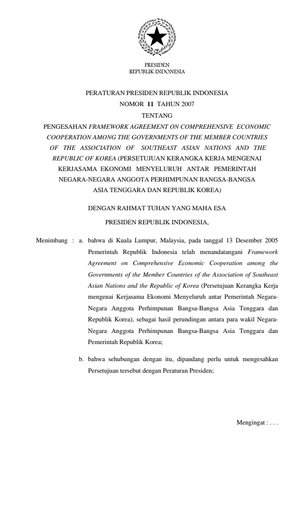 Peraturan Presiden Nomor 11 Tahun 2007