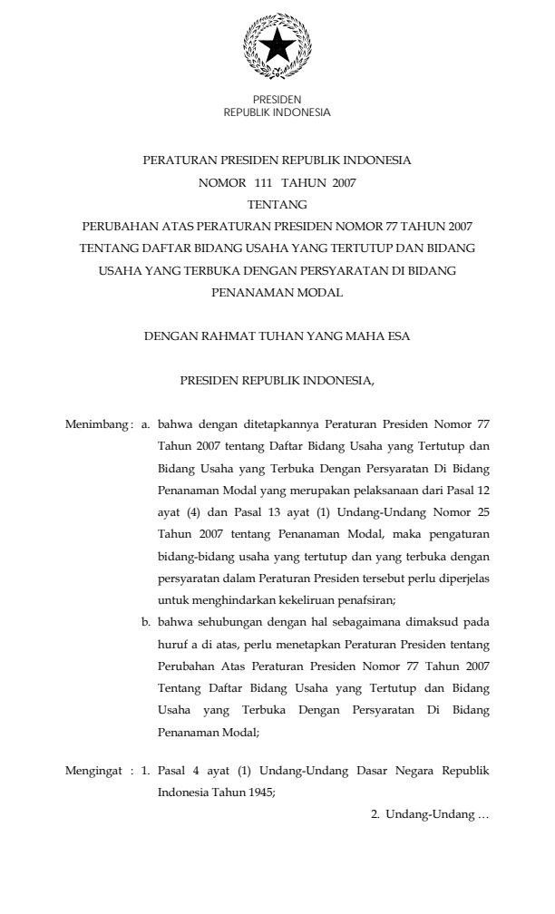 Peraturan Presiden Nomor 111 Tahun 2007