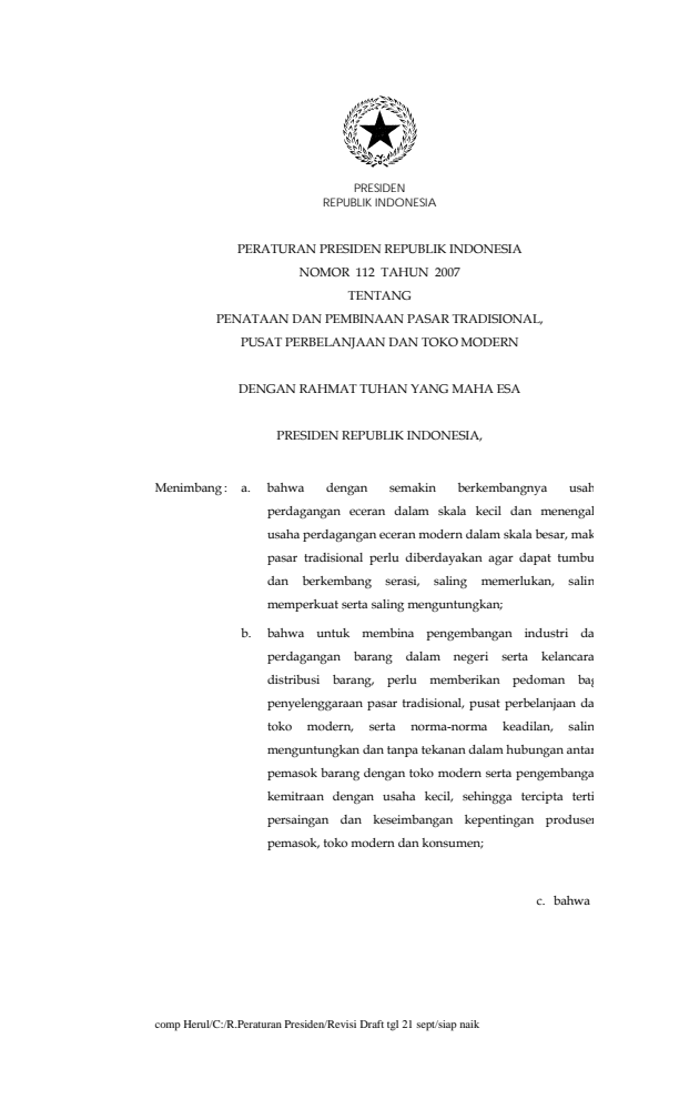 Peraturan Presiden Nomor 112 Tahun 2007