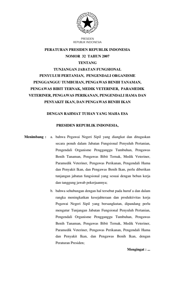 Peraturan Presiden Nomor 32 Tahun 2007