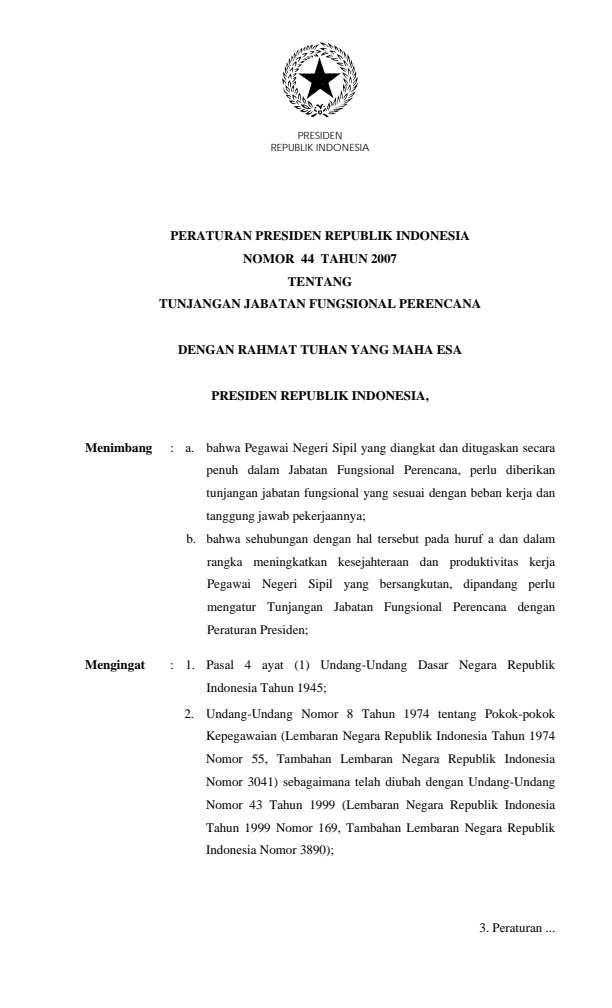 Peraturan Presiden Nomor 44 Tahun 2007