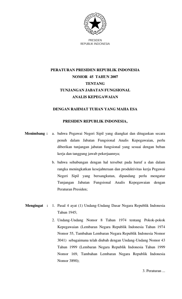 Peraturan Presiden Nomor 45 Tahun 2007