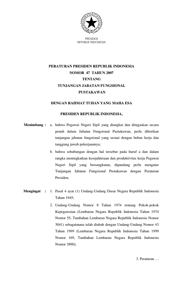 Peraturan Presiden Nomor 47 Tahun 2007