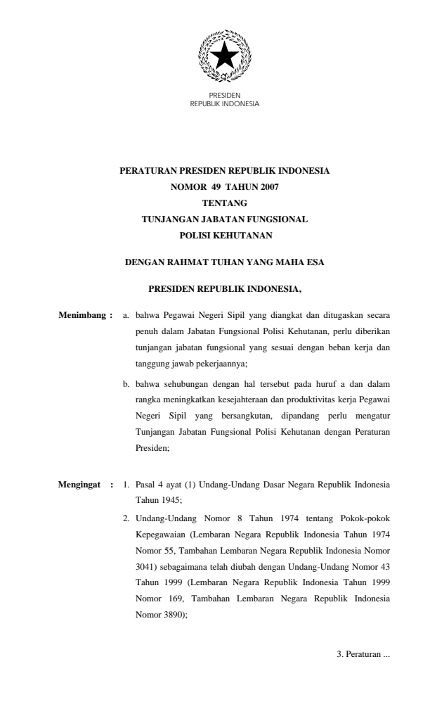 Peraturan Presiden Nomor 49 Tahun 2007