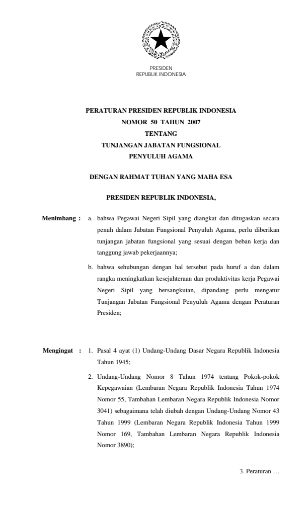 Peraturan Presiden Nomor 50 Tahun 2007