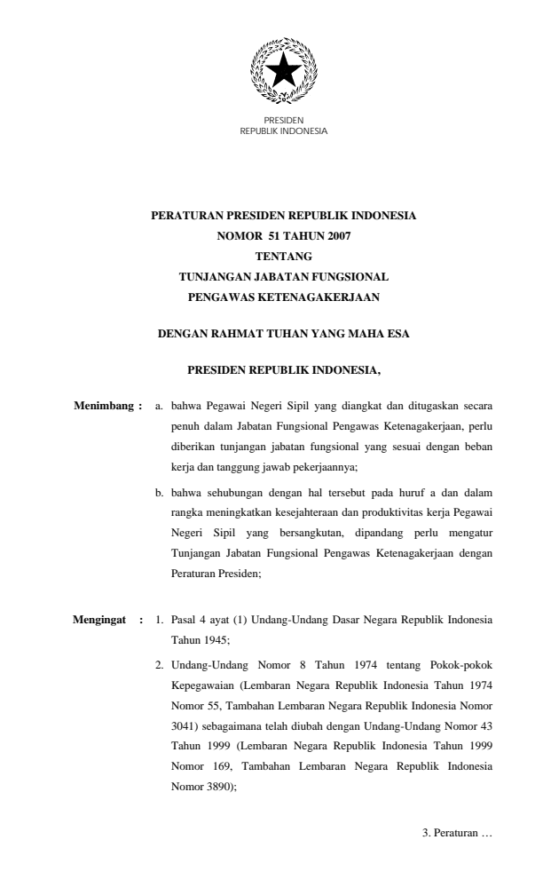 Peraturan Presiden Nomor 51 Tahun 2007