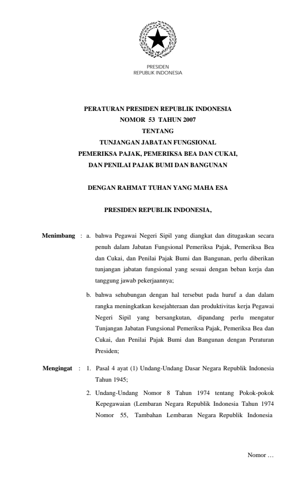 Peraturan Presiden Nomor 53 Tahun 2007