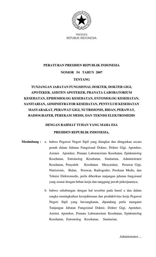 Peraturan Presiden Nomor 54 Tahun 2007