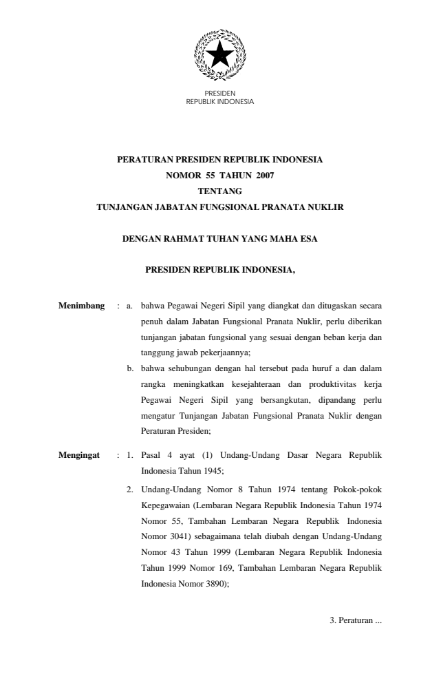 Peraturan Presiden Nomor 55 Tahun 2007