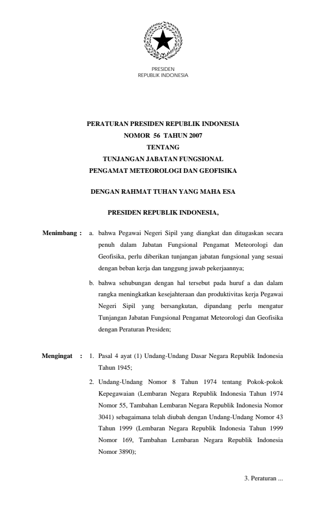 Peraturan Presiden Nomor 56 Tahun 2007